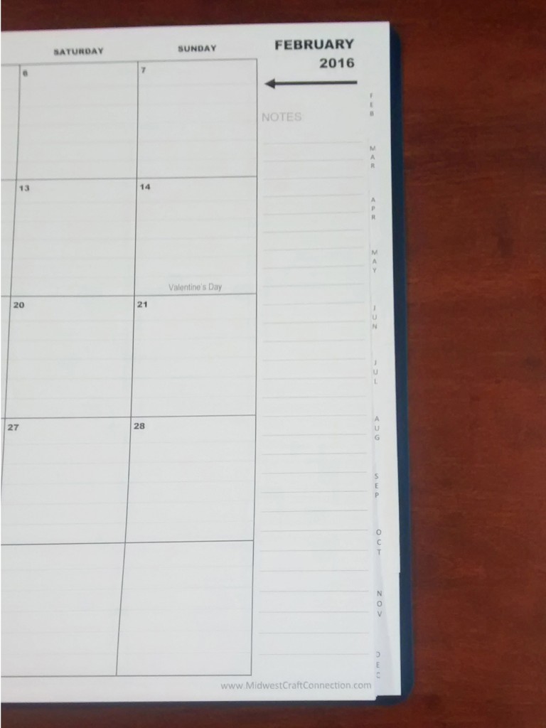 Large 2" W x 2" H Daily Blocks are Clearly Outlined and have Lightly Ruled Lines. Plus, there is a Convenient Monthly "Notes" Area on the Side to Write Additional Notes to Remember.